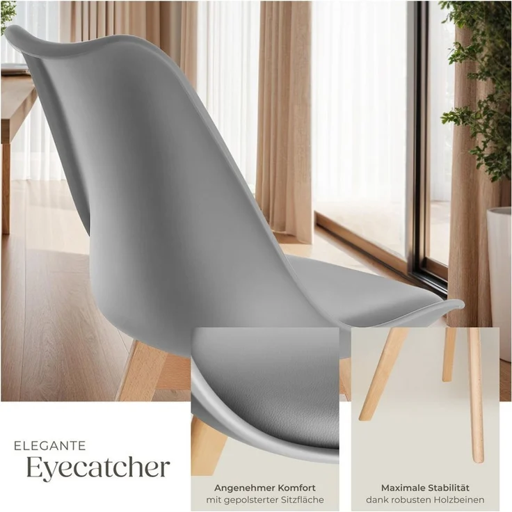 tectake Esszimmerstuhl Küchenstuhl Scandi-Design, gepolsterte Sitzfläche, 49 x 53 x 82 cm (Polsterstuhl Frederikke in grau, 6 St), ergonomische Form, massive Holzbeine, bodenschonende Filzgleiter – Bild 4