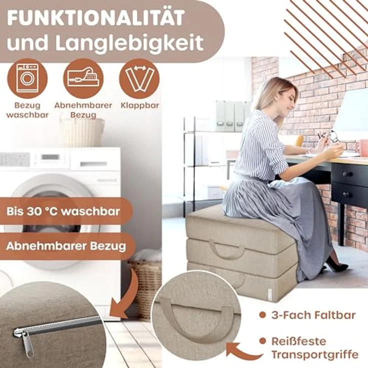 KESSER® Klappmatratze Gästematratze 3-fach Faltmatratze faltbar zum Sitzhocker | Schaumstoff 25kg/m³ extra dick 15cm atmungsaktiv waschbar abnehmbarer Bezug | Matratze inkl. Camping Tragetasche Taupe, 140 x 195 x 15 cm – Bild 5