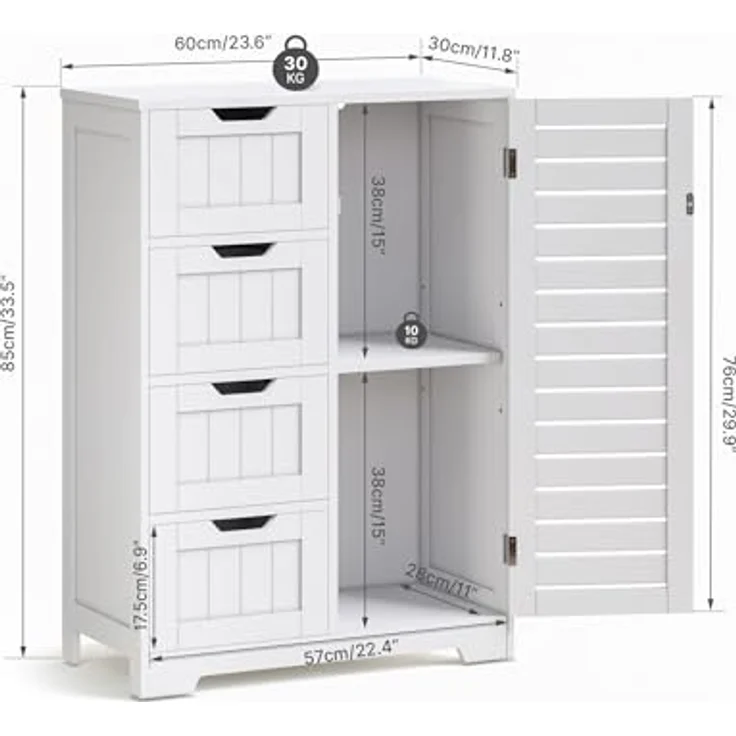 Mondeer Badkommode Badezimmerschrank (Moderne Shutter Design), mit 4 Schubladen 1 Tür,56 x 30 x 82,5cm, Weiß – Bild 4