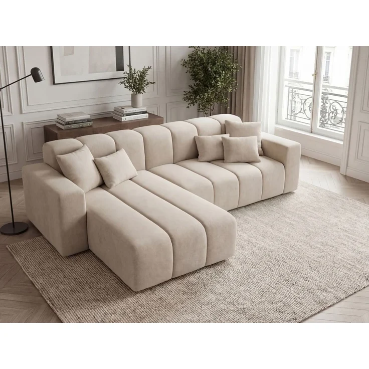 GRAINGOLD Ecksofa L-Form Nork, Wohnzimmer Ecksofa, Couch L-Form, Velour-Stoff, Beige, Links – Bild 4