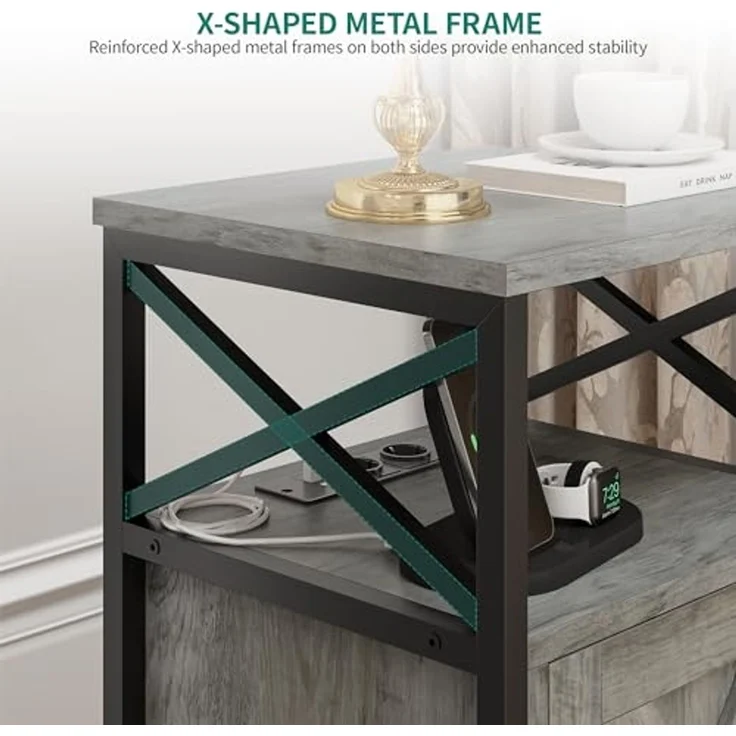 YITAHOME Beistelltisch, Nachtschrank mit Kabinett, X-förmiger Wohnzimmertisch mit Ladestation, 2 USB-Anschlüssen und Steckdosen, Nachtkonsole, Metallgestell, 40 x 35 x 60 cm, Grau – Bild 6