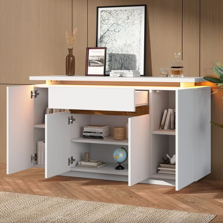 DESVIAE Sideboard mit LED-Beleuchtung und Schublade 140x80x40 cm Spanplatte Weiß – Bild 2