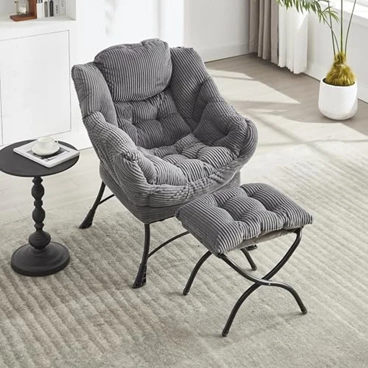 FurnitureR Lazy Chair with Ottoman, Modern Lounge Accent Chair with Armrests and a Side Pocket, Leisure Upholstered Sofa Chair Reading Chair with Footrest for Small Space, Corner Chair-Grey – Bild 7