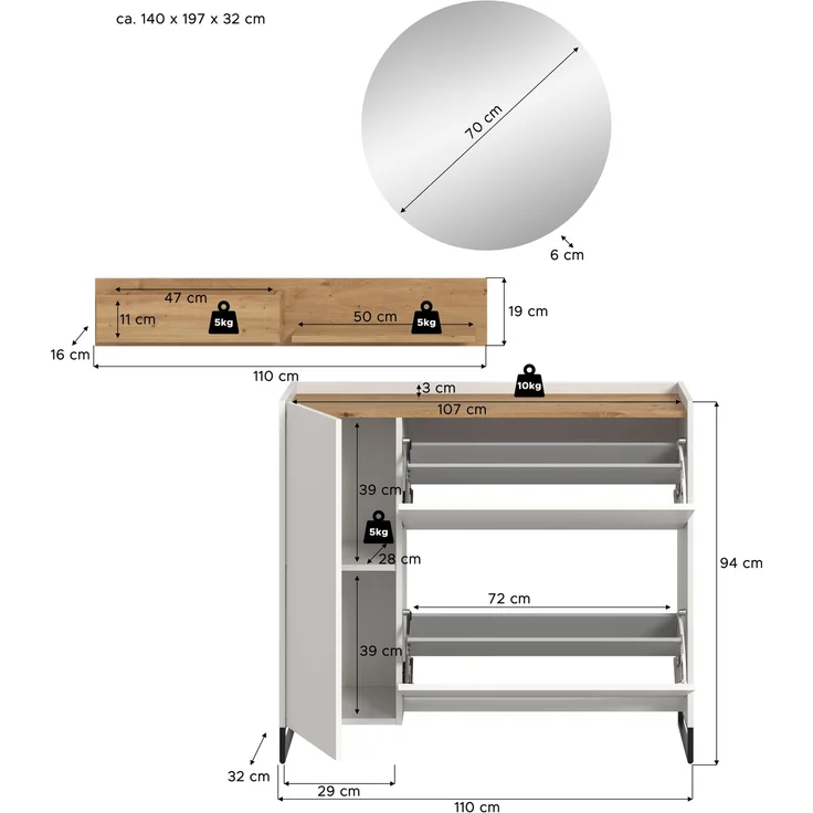Garderobenkombination B/H/T: 197x140x32 cm in weiß Nachbildung und Artisan Oak Nachbildung – Bild 4