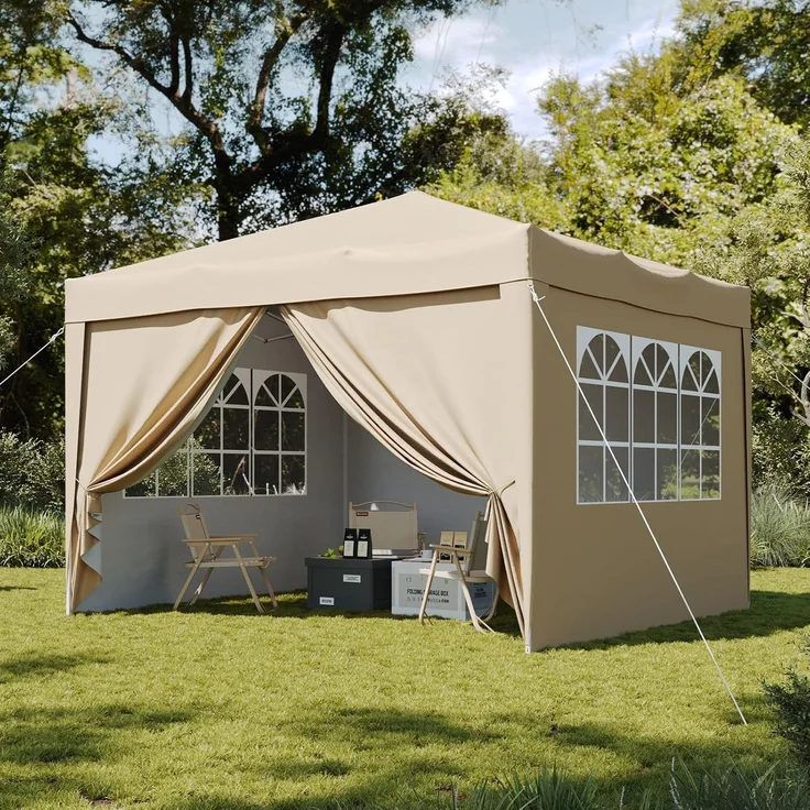 Aoxun Pop Up Pavillon 3x3 Wasserdicht mit 4 Seitenwänden, Metallrahmen-Schutzzelt, Höhe Verstellbar, 3mx3m Faltpavillon mit Tragetasche für Camping Party, Beige – Bild 9