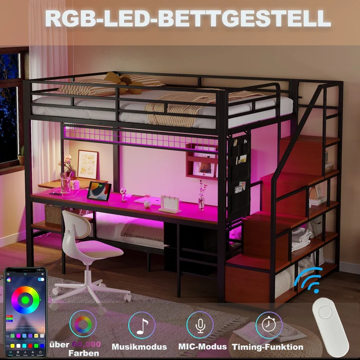 Hochbett Metall/MDF mit Schreibtisch, LED & USB-Anschluss, 140x200/90x200 cm, Schwarz, ohne Matratze – Bild 6