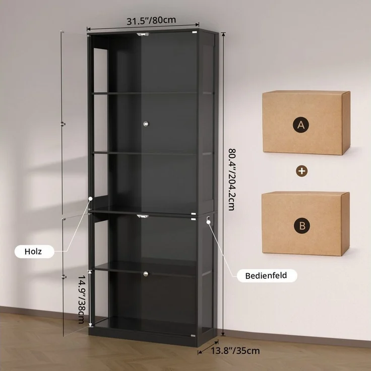 VOWNER Vitrine mit LED-Beleuchtung, Bewegungssensor und Glastüren, 80x35x204cm (1-St) 5-Ebenen Sammlerschrank aus Spanplatte und Glas – Bild 2