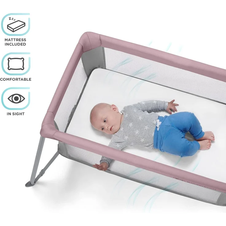 kk Kinderkraft Kinderkraft Reisebett 2 in 1 MOVI, faltbares Kinderbett, Laufgitter, Separater Eingang, 2 Matratzenhöhen, Zusammenklappe, mit Zubehör, Matratze, Tragetasche, Rosa, Stahl, Aluminium – Bild 8