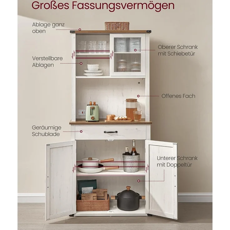 VASAGLE Sideboard mit Beleuchtung und Ladestation, Küchenschrank, Aufbewahrungsschrank, mit Türen und Schubladen, 39,5 x 80,4 x 180,6 cm, verstellbare Ablagen, Landhausstil, vintageweiß – Bild 5