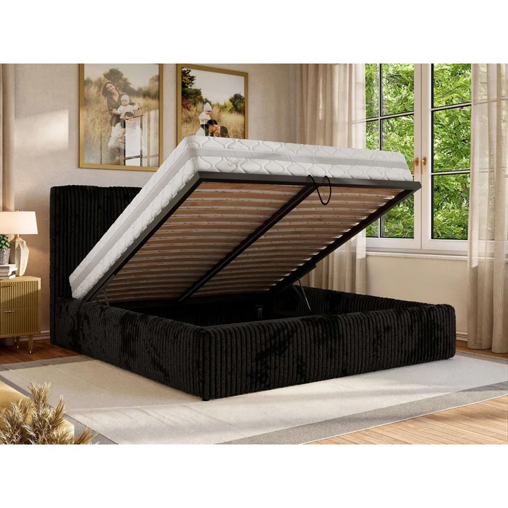 Polsterbett SAVINO CLASSIC mit Bettkasten und Lattenrost Doppelbett 180 x 200 cm mit hohem Kopfteil Stauraumbett Bett mit Gasdruckfeder - Schwarz Cord - Pocket Matratze - VIRE LUX – Bild 4