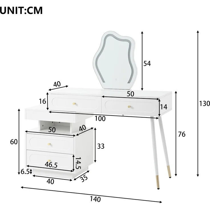 Abrihome Schminktisch mit LED, Weiß, 130x40x140 cm – Bild 8
