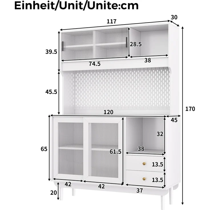 Küchenbuffet 117x30x170 cm mit Riffelglas-Schiebetüren, Schubladen und offenen Fächern – Bild 5