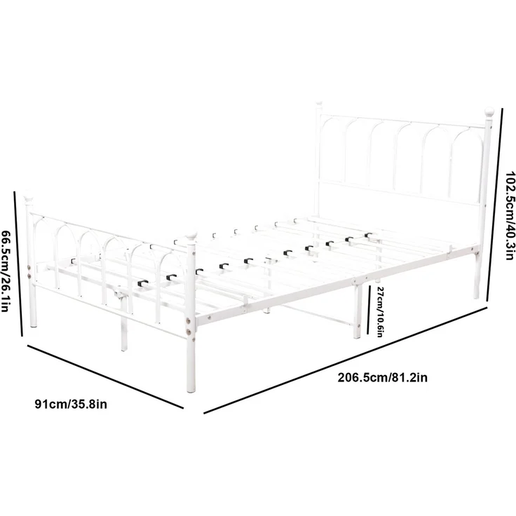 Einzelbett Metall 90x200 cm, Weiß, Lattenrost, Stauraum 27 cm, rustikal (ohne Matratze) – Bild 10