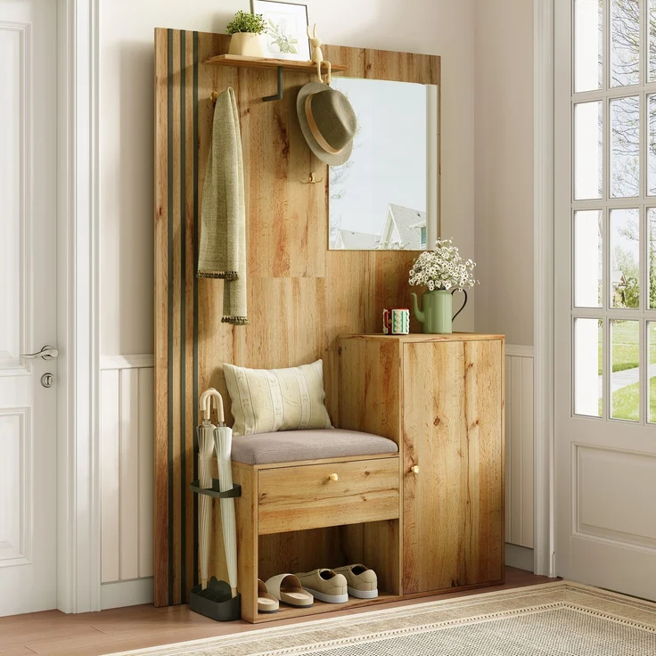 Flurgarderobe 115 x 37 x 185 cm mit Sitzbank,Spiegel, Kleiderstange,verstellbaren Regalen,Soft-Close – Bild 4