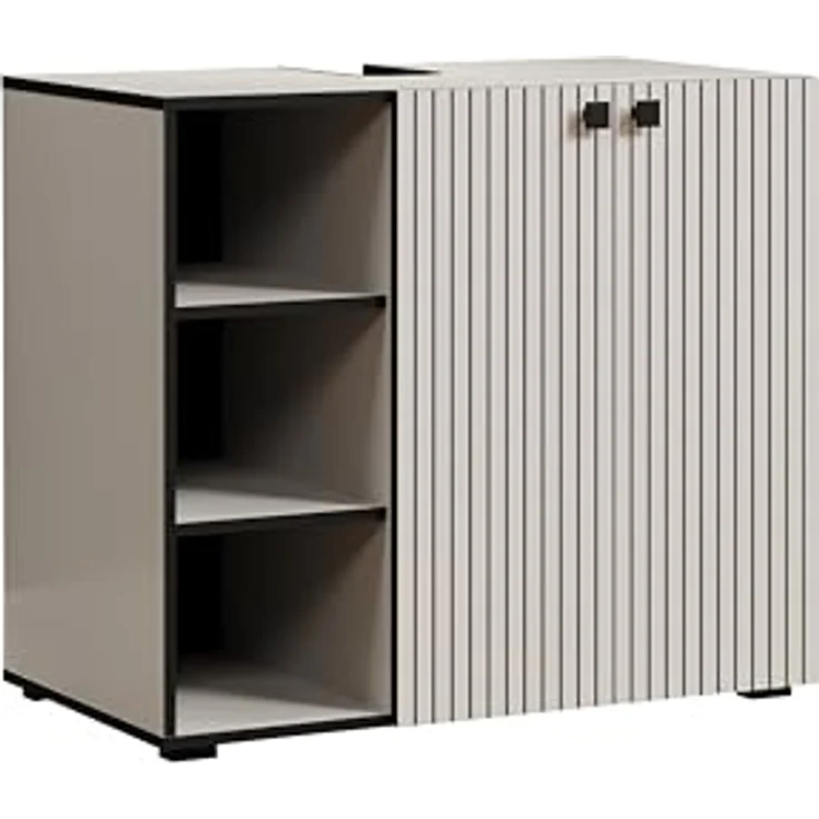 trendteam smart living - PureBliss - Waschbeckenunterschrank - Kashmir Hellgrau -Rillenoptik - 3 offene Fächer + 1 Einlegeboden - (BxHxT) 90 x 79 x 53 cm - edle Metallgriffe – Bild 2