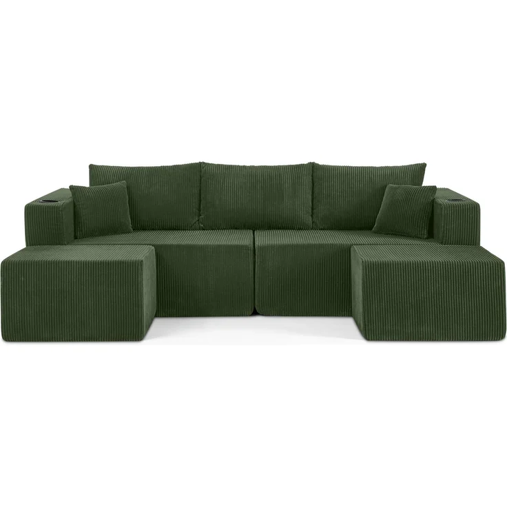 Ecksofa 3-Sitzer aus Cordstoff mit beweglichen Ottomanen, Getränkehaltern & Seitentaschen, 230×138×75 cm, Grün – Bild 7