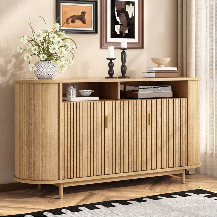DESVIAE Sideboard Natur aus MDF/Spanplatte – 140x78x40 cm – 3 Türen, Kiefernholzfüße – Bild 6