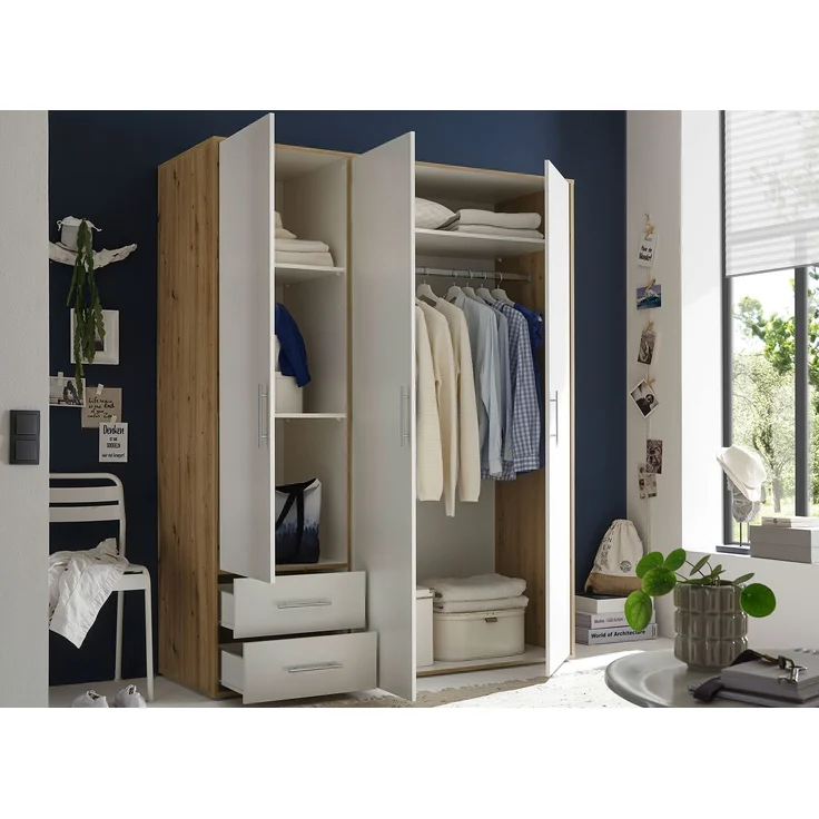 Drehtürenschrank Valderas / Valencia, Holzwerkstoff, Weiß, Holzfarben, 155 x 195 x 60 cm – Bild 9