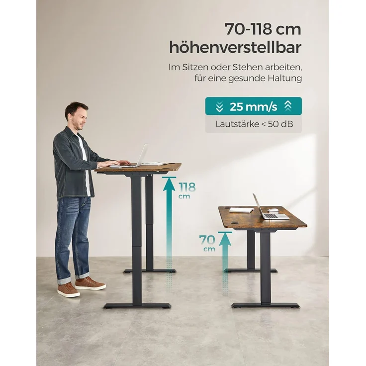 SONGMICS Höhenverstellbarer Schreibtisch elektrisch, Tischgestell, Schreibtischständer mit Motor, stufenlos verstellbar, 120 x 60 x (73-114) cm, Stahl, vintagebraun-schwarz LSD011B01 – Bild 6