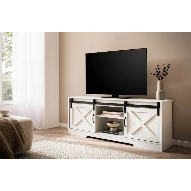 FineBuy Lowboard Weiß 150x59,5x39,5 cm TV-Kommode Landhaus-Stil Modern, Design TV-Schrank Hoch, Fernsehtisch Fernsehschrank mit zwei Schiebe-Türen, Fernsehkommode Wohnzimmer – Bild 2