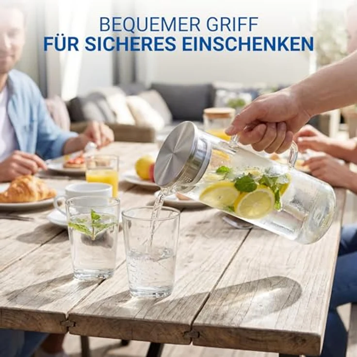 elasto Wasserkaraffe Glaskaraffe mit Deckel und Sieb 1 Liter aus Borosilikatglas – Bild 6