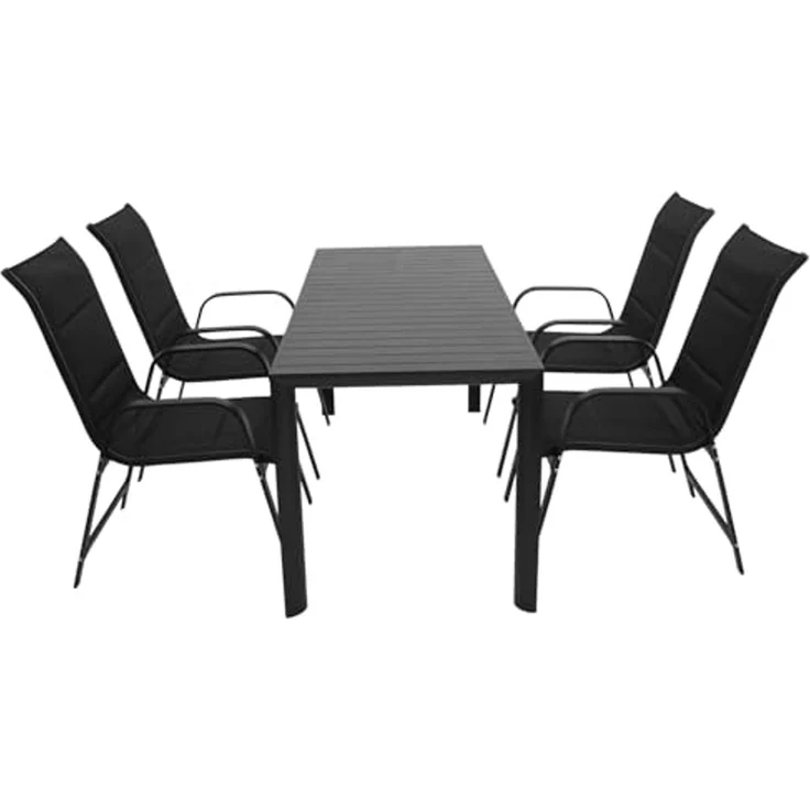 DEGAMO LAGOS Gartengarnitur, Aluminium, anthrazit/schwarz, 5-teilig (4x Stapelsessel, 1x Ausziehtisch 120/162x70cm) – Bild 2