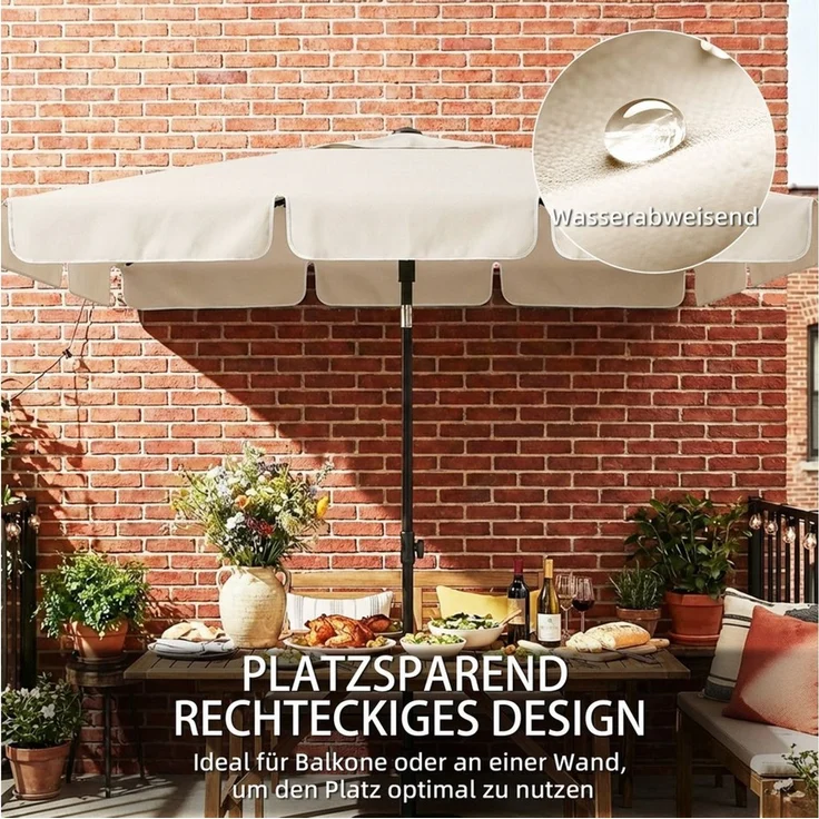 Outsunny Sonnenschirm Wasserabweisend Balkonschirm mit 3-fach Neigung 8 Streben, LxB: 183x122 cm, Wasserabweisend Balkonschirm, rechteckig Strandschirm, für Strand Balkon Garten, Beige – Bild 3
