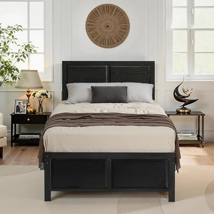 VECELO Bettgestell 90x200 cm, Metallbett mit Dick Holzkopfteil und Lattenrost, Modern Gästebett Jugendbett mit Stauraum Unter Dem Bett, Perfekt für Schlafzimmer, Schwarz – Bild 2