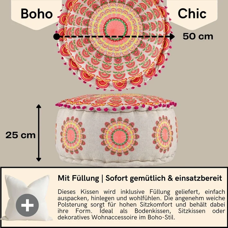 Marrakesch Orient & Mediterran Interior Pouf Pouf Garet Orange, runder Baumwoll-Sitzpouf bestickt 50x25 cm (1-St), Handarbeit – Bild 3