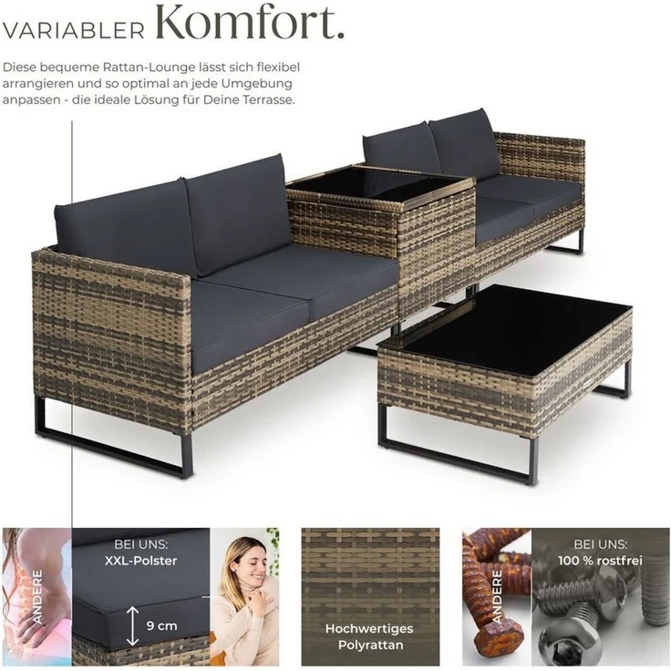 tectake Loungeset Rattan Sitzgruppe, große Aufbewahrungsbox für 4 Personen, (Gartenlounge-set Ostuni, 4-tlg, 4-tlg. in Natur), widerstandsfähig und UV-beständig, Dicke der Polster 9 cm – Bild 2