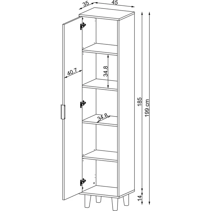 Roomart NORD Hochschrank 199 cm – Flurschrank mit Tür & 5 Fächern – schmal 45 cm – H 199 x B 45 x T 35 cm • Weiß – Bild 3