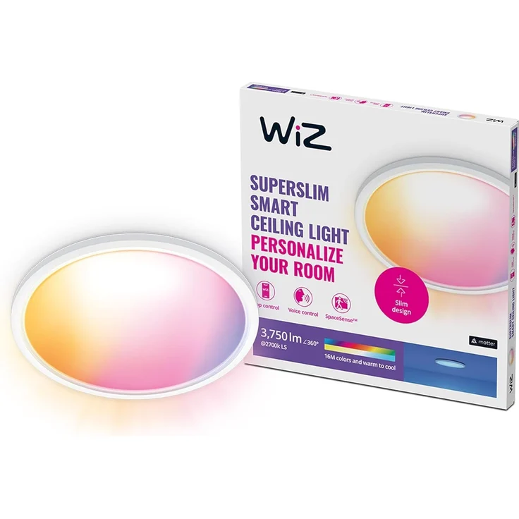 WiZ Tunable White and Color Superslim Deckenleuchte, 32 W, ø 545mm, LED Leuchte mit 16 Mio. Farben oder warm- bis kaltweißem dimmbarem Licht, smarte Lichtsteuerung über WLAN per Stimme/App, weiß