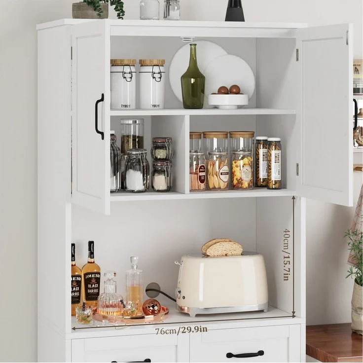 HOMECHO Hochschrank Küchenbuffet mit 4 Türen 2 Schubladen und offenen Fächern – Bild 3
