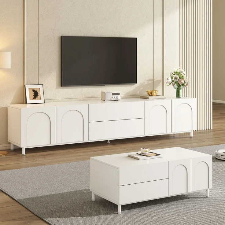 Wohnzimmer Set aus TV-Schrank + Couchtisch, Möbelset mit bogenförmigen Türen, Korpus aus Spanplatte+MDF, Möbel mit Stahlrohrfüßen, Stauraum Kombination für Wohnzimmer – Bild 2