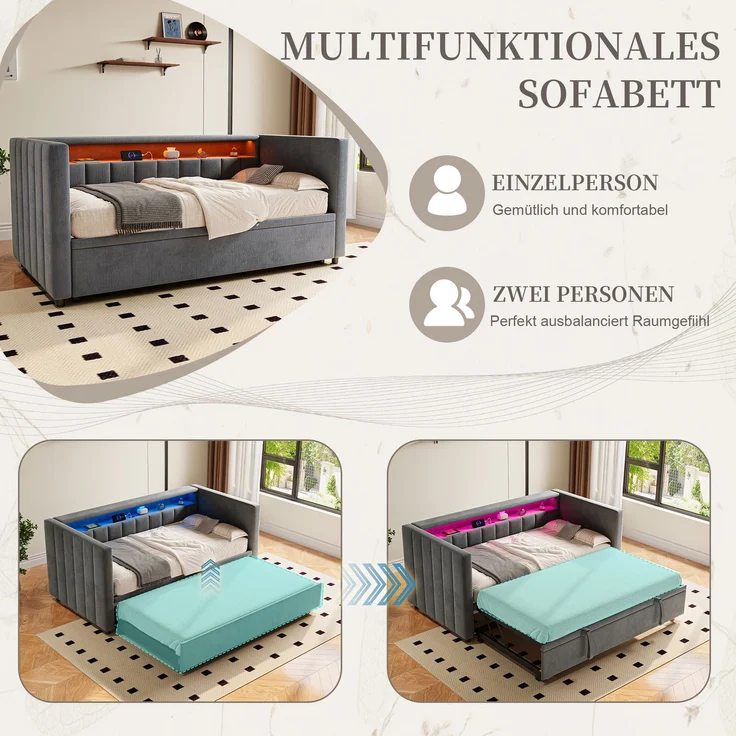 EINHOM Multifunktionales Schlafsofa 90 x 190 cm mit Ausziehbarem Bett, USB-Typ-C-Anschluss, LED-Ambiente, Samtbezug & Stauraum, Stilvolles Design für Wohnzimmer, Gästezimmer oder Jugendzimmer. Gray (Ohne Matratze) – Bild 5