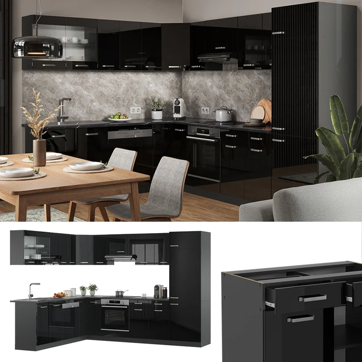 Eckküche R-Line Schwarz Hochglanz/Anthrazit 287 x 227 cm, AP Eiche Vicco – Bild 2