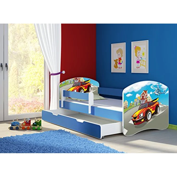 ACMA Kinderbett Jugendbett mit Einer Schublade und Matratze Blau mit Rausfallschutz Lattenrost II 140x70 160x80 180x80 (03 Racing Car, 140x70 + Bettkasten) – Bild 3