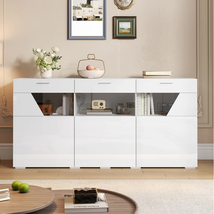 DESVIAE Sideboard Weiß aus Spanplatte – 160x78x38 cm – 3 Türen, LED-Beleuchtung – Bild 5