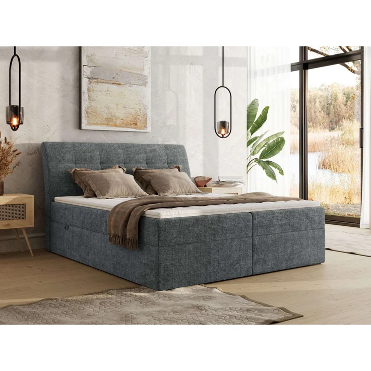Boxspringbett DAGOS 200 x 200 cm mit Kopfteil, Lattenrost und Stauraum – Doppelbett mit Matratze & Topper Visco , stabile Konstruktion, Bettkasten, modernes Design - Grau Schenille grob gewebt - H4 – Bild 1