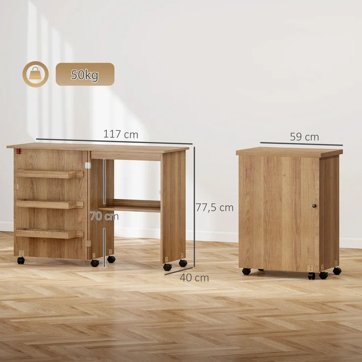 Wohnora-Klappbarer Nähtisch mit ausklappbarer Tischplatte, Aufbewahrungsboxen, offenem Regal und Rollen, braun,H 775cm x T 1170cm x B 400cm – Bild 5