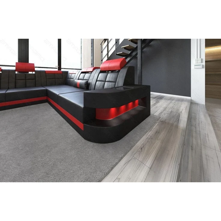 Sofa Dreams - Design Wohnlandschaft Wave XL mit LED - Kunstleder - schwarz-rot - Links – Bild 5