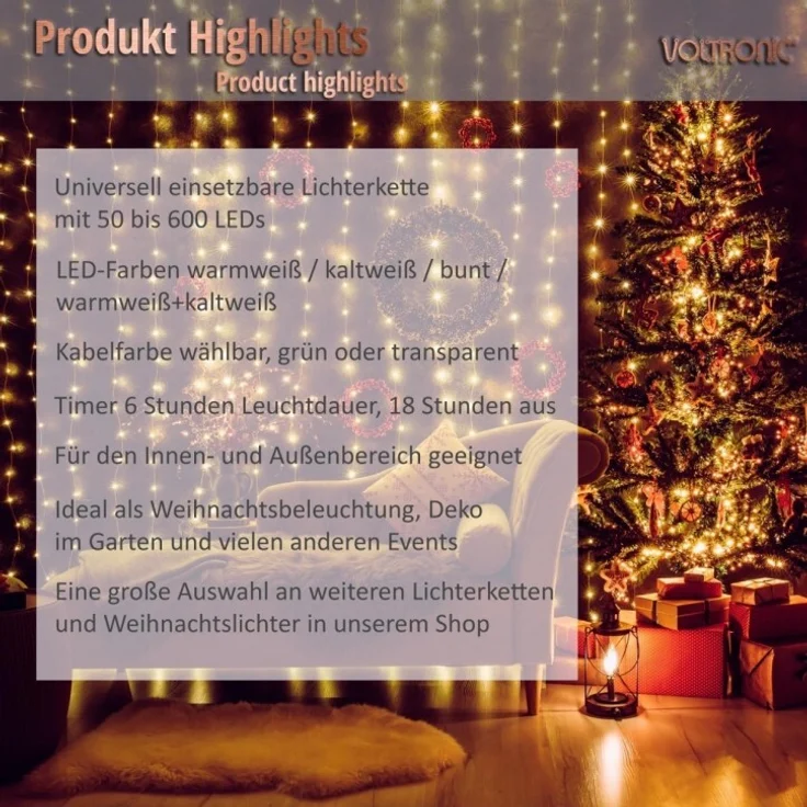 VOLTRONIC® LED Lichterkette, innen und außen, IP44, Modell- und Farbwahl, 200 LEDs, bunt, Fernbedienung – Bild 5
