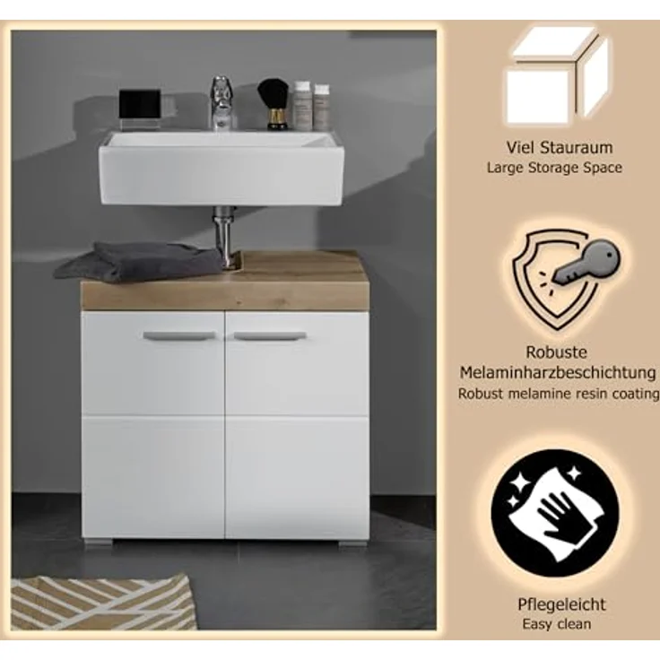 Trendteam 'Amanda' Waschbeckenunterschrank, Hochglanz, 56 x 34 x 60 cm, Weiß / Eiche – Bild 8
