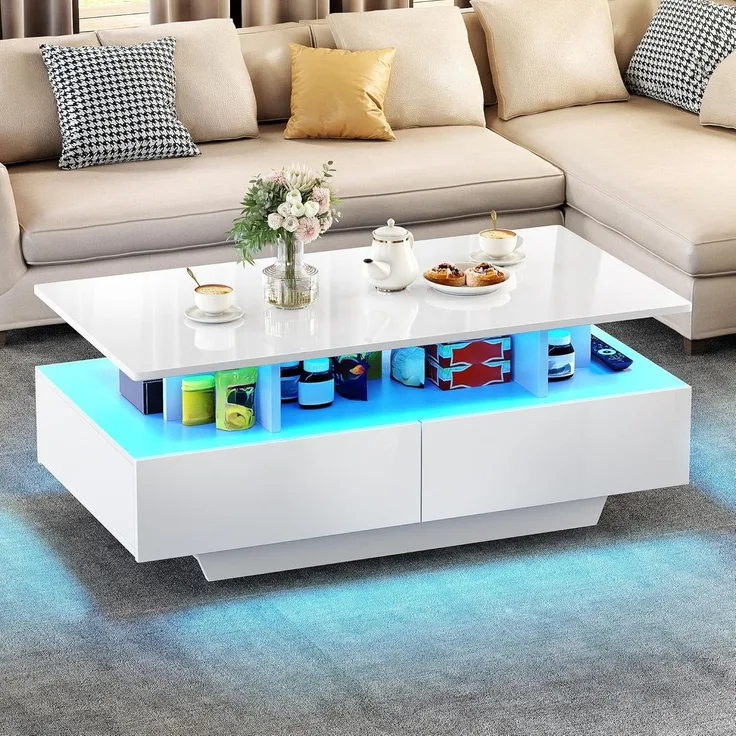 YITAHOME Couchtisch Weiß, Wohnzimmertisch Hochglanz mit 16-Farbiger LED Beleuchtung Modern, Beistelltisch Weiss mit Offenem Ausstellungsregal und 4 Ausziehbaren Schubladen 90 x 55 x 41,1 cm ﻿