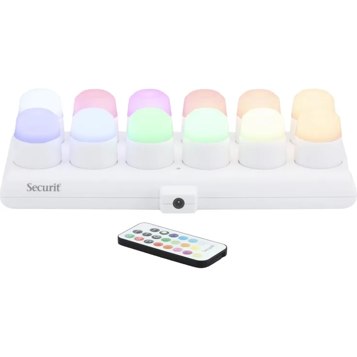 SECURIT – Wiederaufladbares LED-Teelicht-Set Amsterdam RGB – Kabellos – Magnetisch – Für Bar, Café, Restaurant – 13 Farben – 12 Kerzen, Fernbedienung, Basis, Ladekabel inklusive