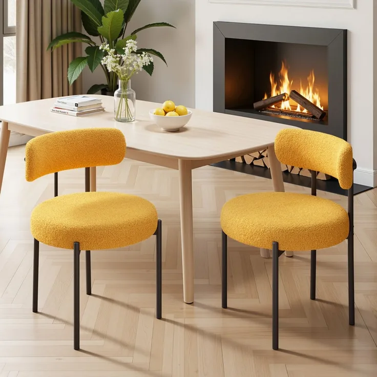 Hawthyhome Esszimmerstühle 2er Set Polsterstuhl mit runder Rückenlehne, Teddy Stoff Boucle Bezug, weich & kuschelig, ergonomisches Design, stabiles schwarzes Metallgestell, vielseitig für Esszimmer, Küche & Wohnbereich, Gelb