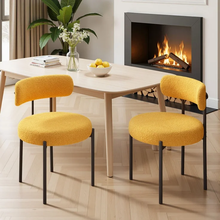 Hawthyhome Esszimmerstühle 2er Set Polsterstuhl mit runder Rückenlehne, Teddy Stoff Boucle Bezug, weich & kuschelig, ergonomisches Design, stabiles schwarzes Metallgestell, vielseitig für Esszimmer, Küche & Wohnbereich, Gelb – Bild 1