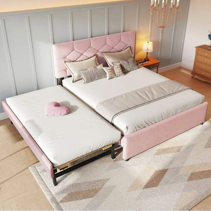 Polsterbett 140×200 cm aus Samt-Stoff mit Rollbett und Lattenrost, rosa – Bild 5