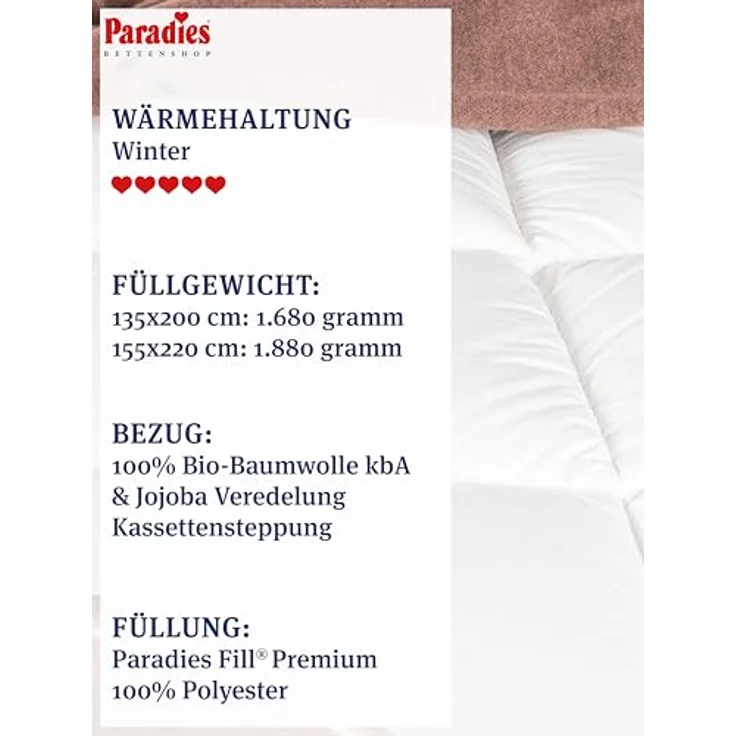 Paradies Kunstfaserbettdecke Runa Bio, Füllung: 100% Polyester, Bezug: 100% Bio-Baumwolle (kbA), extra voluminöse, kuschelige & warme Winterdecke, vegane Daunendecke – Bild 4