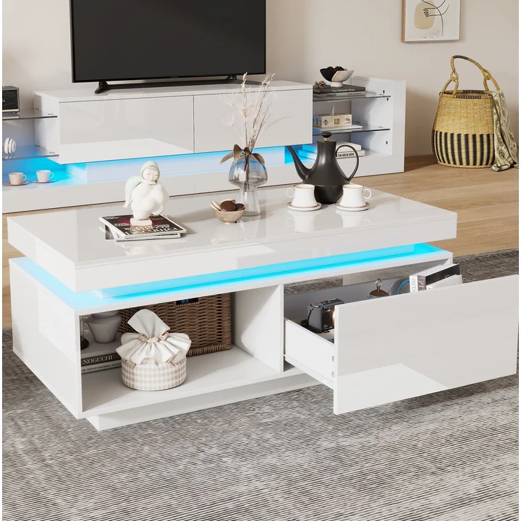 Couchtisch 100x50x40,3 cm mit Hochglanz-Oberfläche, LED-Beleuchtung, 1 Schublade, robuster Spanplatte – Bild 3